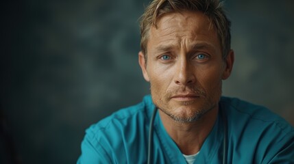 Fototapeta premium Surgeon in teal scrubs with blue eyes gazes thoughtfully during a break in the operating room