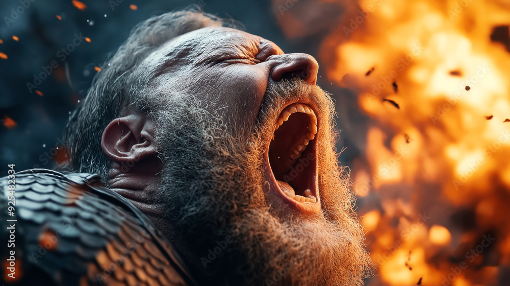 Poster a close-up of a bearded man in armor screaming intensely, with flames and burning debris in the back