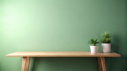 Minimalist green wall background with wooden table for text input in a mockup setting, green wall, minimalist