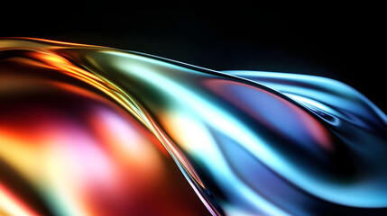 Abstract iridescent blue and orange liquid flowing on a black background.