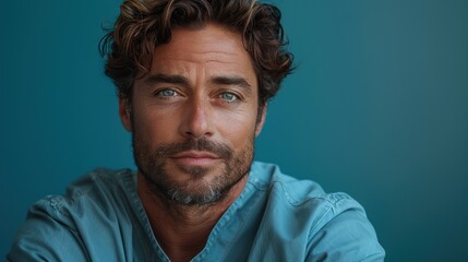 Obraz premium Portrait of a man with curly hair and blue eyes in a light blue shirt against a teal background in natural light