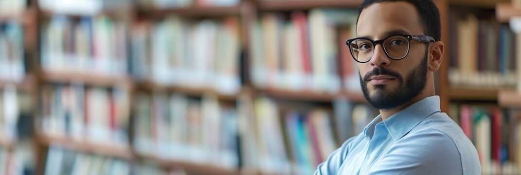 A man with short hair and glasses stands confidently in a library, conveying a sense of academic rigor and intellectual curiosity in the background.