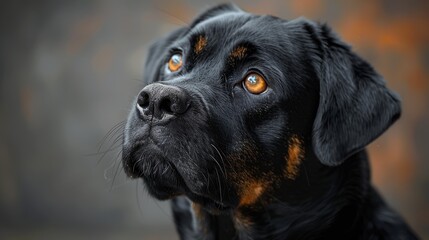 Obraz premium A hopeful black dog with brown markings looks up, set against a blurred backdrop