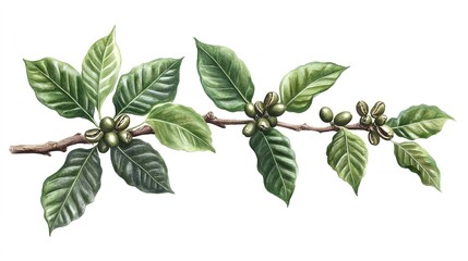 Fototapeta premium Coffee beans on a tree branch with leaves isolated on white background.