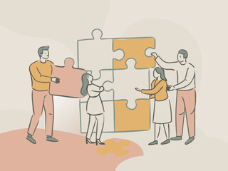 Teamwork problem solving concept, puzzle piece idea solution illustration