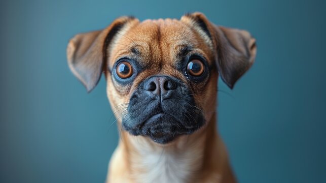 Pug mix dog with expressive eyes against a blue background during indoor photoshoot