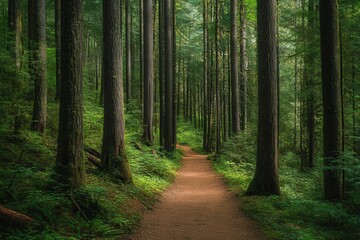 Fototapeta premium A serene wooded path with tall trees and lush greenery, capturing a tranquil natural ambiance.