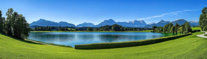 Panoramic view of a serene mountain lake surrounded by greenery and clear blue skies.
