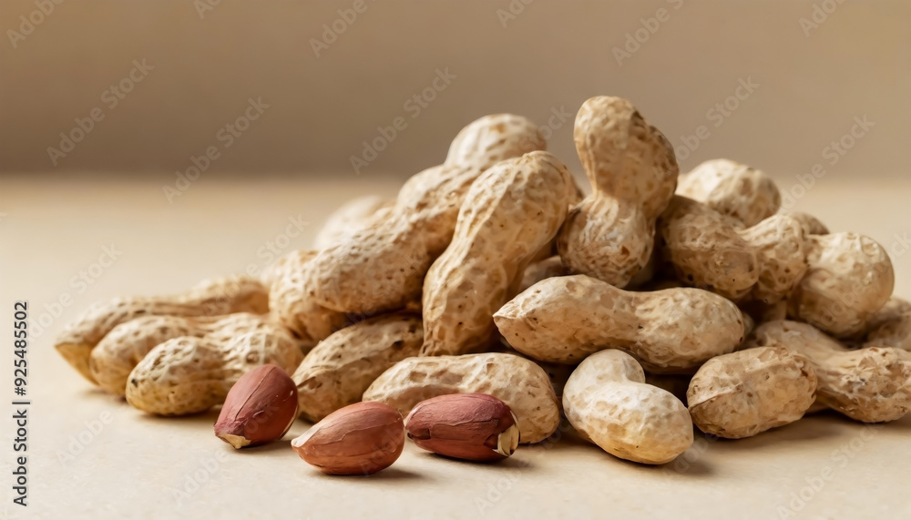 Wall mural peanuts. unshelled nuts close up, over beige background. roasted pile of peanuts in shell. organic v