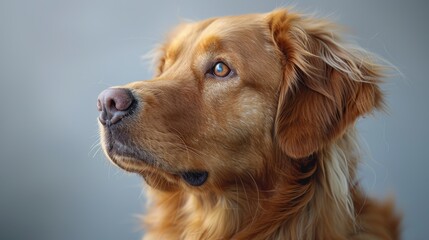A golden retriever poses against a neutral background, showcasing its serene expression and shiny fur
