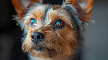 Naklejka premium Close-up of a curious Yorkshire Terrier with bright eyes indoors in soft lighting
