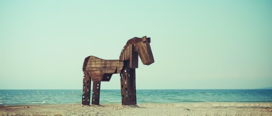 A large wooden sculpture resembling a horse stands majestically on a sandy beach, with the calm sea stretching out in the background under a clear sky.
