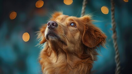 A golden retriever mix gazes upward on a swing surrounded by soft glowing lights in a serene outdoor setting during twilight