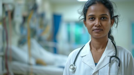 A female doctor stands in a hospital, her demeanor calm and composed as she exudes professionalism and care in the medical facility.