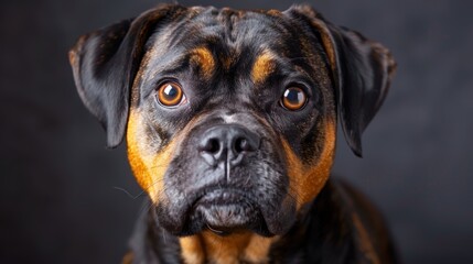 Fototapeta premium A close-up of a curious black and tan dog looking directly at the camera against a dark background