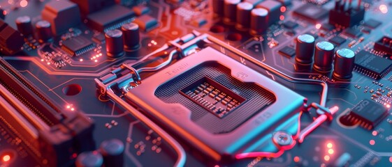 Close-up view of a computer processor socket on a motherboard, bathed in warm, ambient lighting, highlighting technical precision and craftsmanship.
