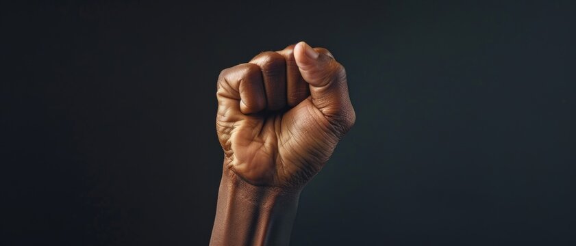 A single raised fist against a dark background, symbolizing solidarity, power, and resistance in a powerful visual statement.