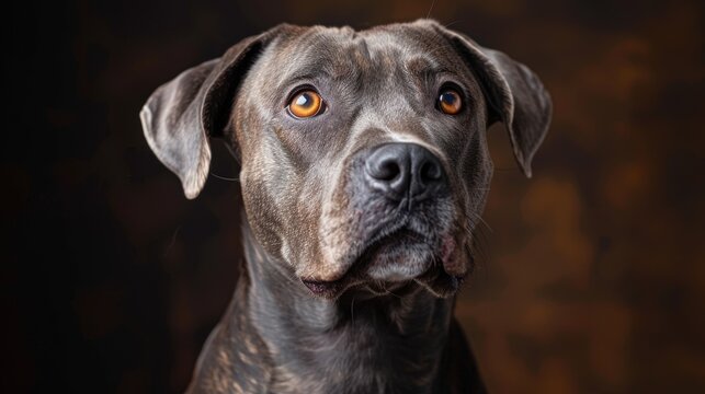 A close-up portrait of a brown dog with striking eyes against a dark background