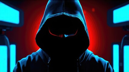 hacker on hood on a neon red background, cybersecurity, digital background, criminal, protection.