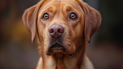 A close-up of a golden Labrador Retriever gazing curiously, captured in autumn light