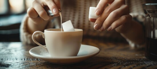 Woman putting sugar cube into cup.