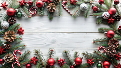 Christmas and New Year background with fir tree branches, red balls, candy canes and decorations on white wooden background