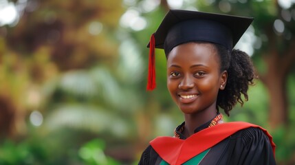 A smiling graduate wearing a cap and gown stands outdoors, epitomizing success and achievement amidst a backdrop of trees and greenery.