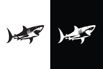 Fototapeta premium Shark silhouette icons on a white and black background.
