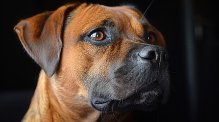 A close-up of a dog's face, showcasing its expressive eyes and distinct features against a dark background