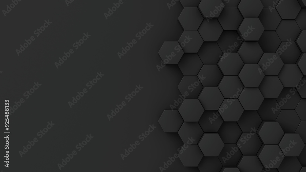 Poster black hexagons with random size on dark backdrop. a place for text on the left. abstract 3d render i