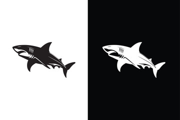 Shark silhouette icons on a white and black background.