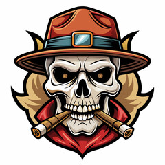 skull with a mustache and a smoking cigar, wearing a fedora hat logo design on a white background