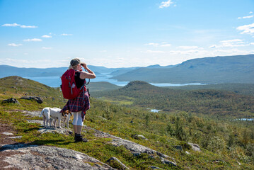Woman hiking in Lapland Finland with dogs