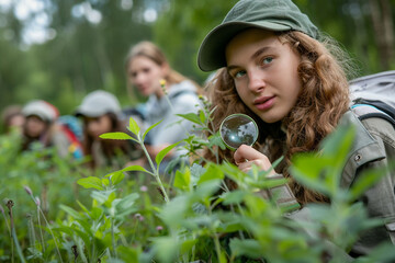 Young Students Exploring Forest Ecosystem: Outdoor Biology Class with Magnifying Glass Observation"