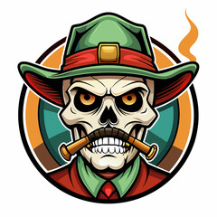 skull with a mustache and a smoking cigar, wearing a fedora hat logo design on a white background