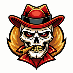 skull with a mustache and a smoking cigar, wearing a fedora hat logo design on a white background