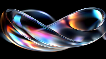Abstract iridescent glass shape on a black background.