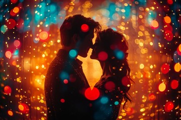 Silhouette of loving couple sharing an intimate moment surrounded by vibrant bokeh lights