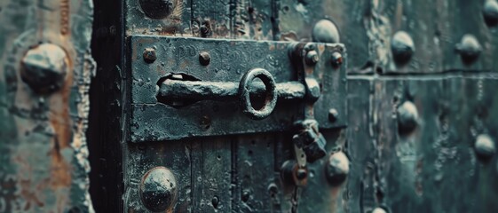 A close-up of a rustic, weathered door with a vintage metal lock and keyhole, showcasing textures and antiquity.