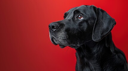 Fototapeta premium A black Labrador retriever gazes thoughtfully against a bright red background