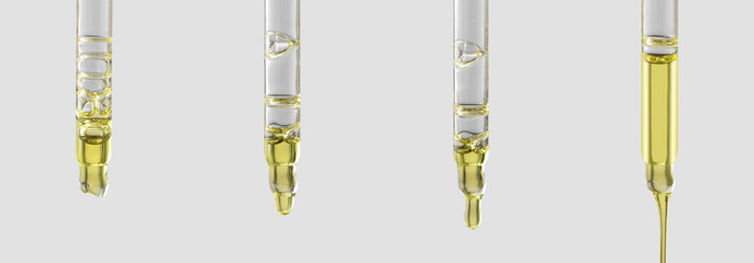 A set of cosmetic pipettes with dripping and flowing liquid. Hyaluronic acid. Serum for the face. Moisturizing.