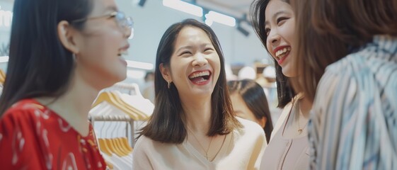 Obraz premium A group of friends sharing a joyful moment, laughing together in a brightly-lit store, celebrating friendship and the joy of being together.