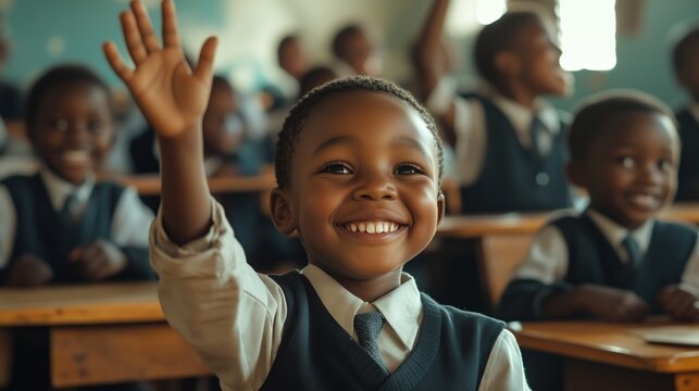 African schoolboy smiling and raising his hand in a class. - Powered by Adobe
