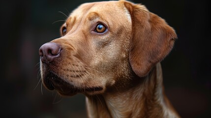 A golden retriever gazes thoughtfully in a dimly lit forest setting during early morning