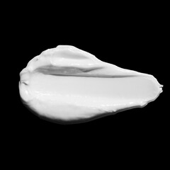 White cosmetic cream texture, skincare lotion swatch on black background. Face creme, body moisturiser, hair conditioner smear smudge stroke. Creamy beauty product closeup