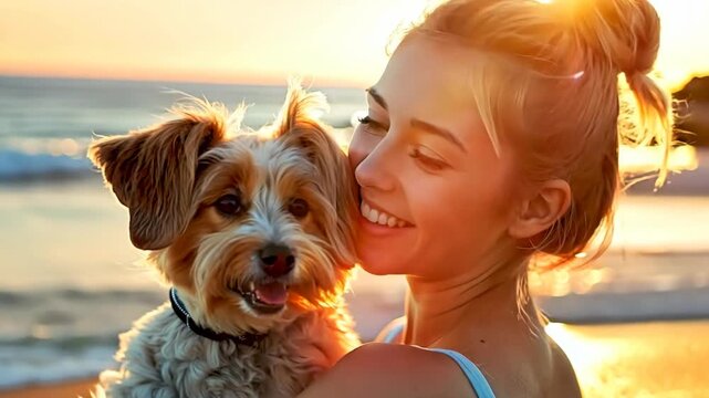 woman with Havanese dog on lap at beach , happy summer traveling and holiday with pet companion concept	
