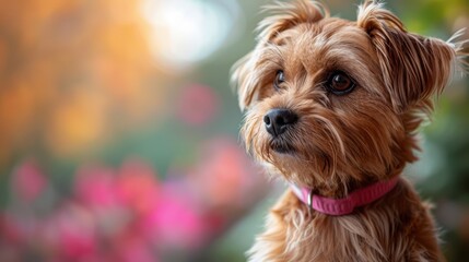 A small brown dog with a pink collar sits against a blurred backdrop of colorful flowers during late afternoon