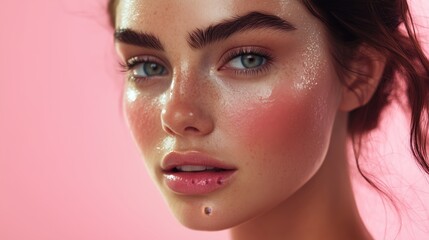Fototapeta premium A beautiful model with radiant and healthy skin on a light pink background.