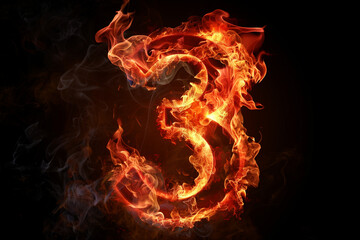 Fototapeta premium Burning number 3, three on fire, Third hot red flames and smokes on black background