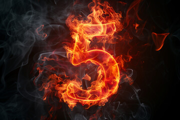 Fototapeta premium Burning number 5, five on fire, hot red flames and smokes on black background